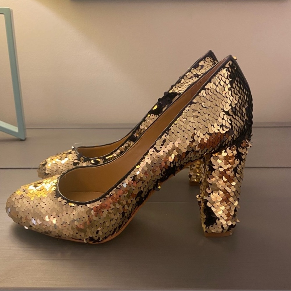 Gold sequin J Crew Factory Block Heel Pumps